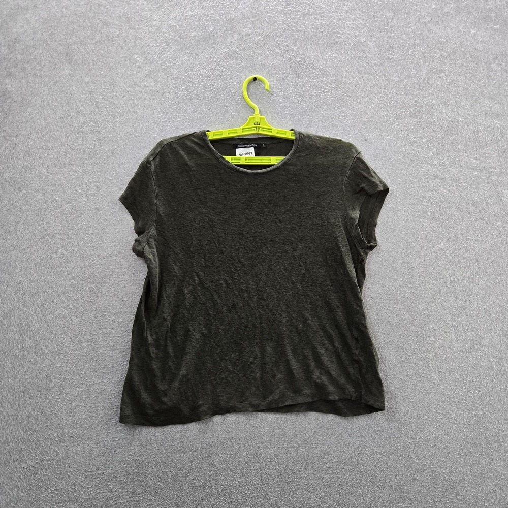 MONOPRIX Femme Women Shirt 4 Olive Green Linen Crew Neck Pullover READ